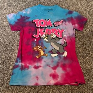 Tom and Jerry Pink and Blue Tie-Dye Women’s T-Shirt Tee Top Cartoon Retro